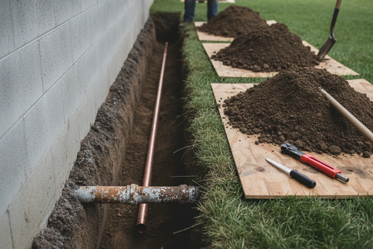 Excavated water line trench during Sewer Line Repair in Conway